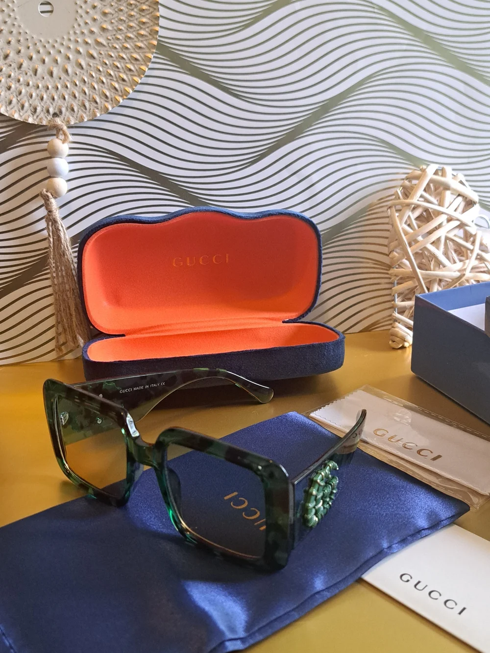 Gucci Green Tortoiseshell Square Sunglasses with Emerald Side Detail